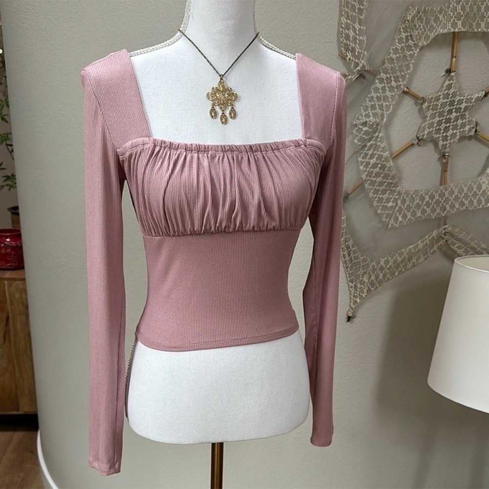 pink metallic square neckline fitted long sleeve top